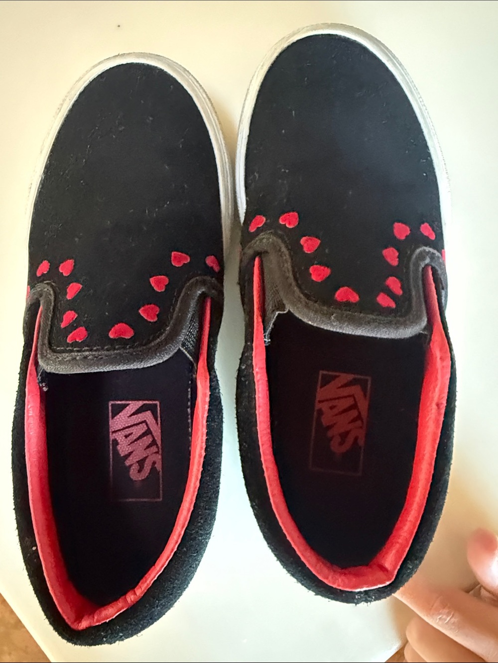 Vans Kids Black Slip-On Sneakers with Red Heart Details